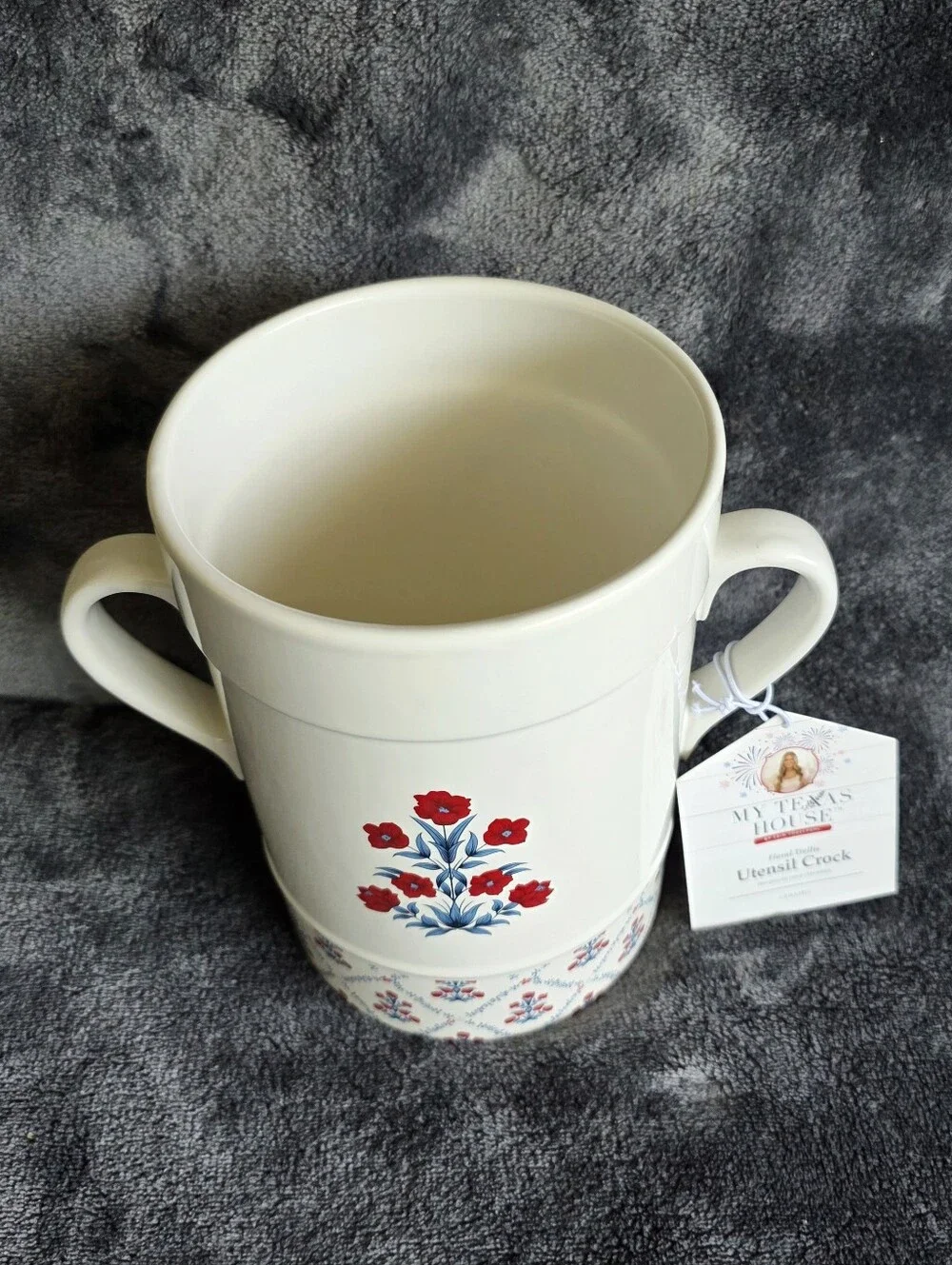 My Texas House New Poppy Trellis Ceramic Utensil Crock / Vase, Red White Blue 7
